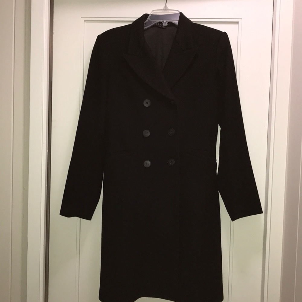 Theory long pea coat in black wool blend